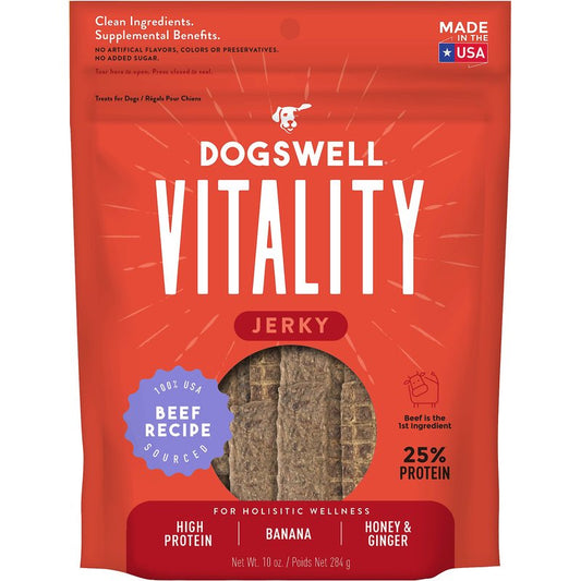 Red bag of dog jerky treats, beef & banana recipe; 25% protein, 10 oz.