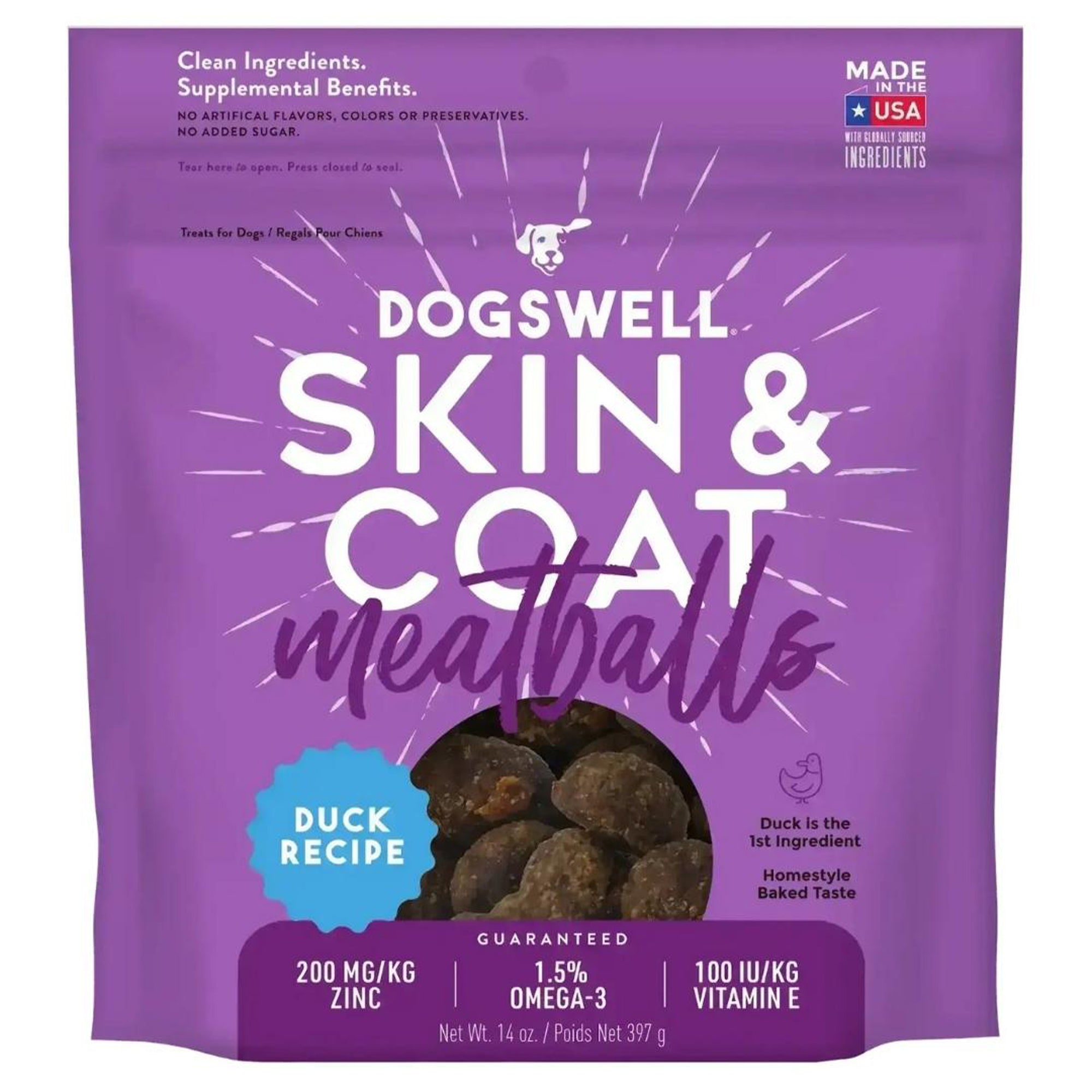 Dogswell Skin & Coat Meatballs grain-free duck dog food pouch, 14 oz