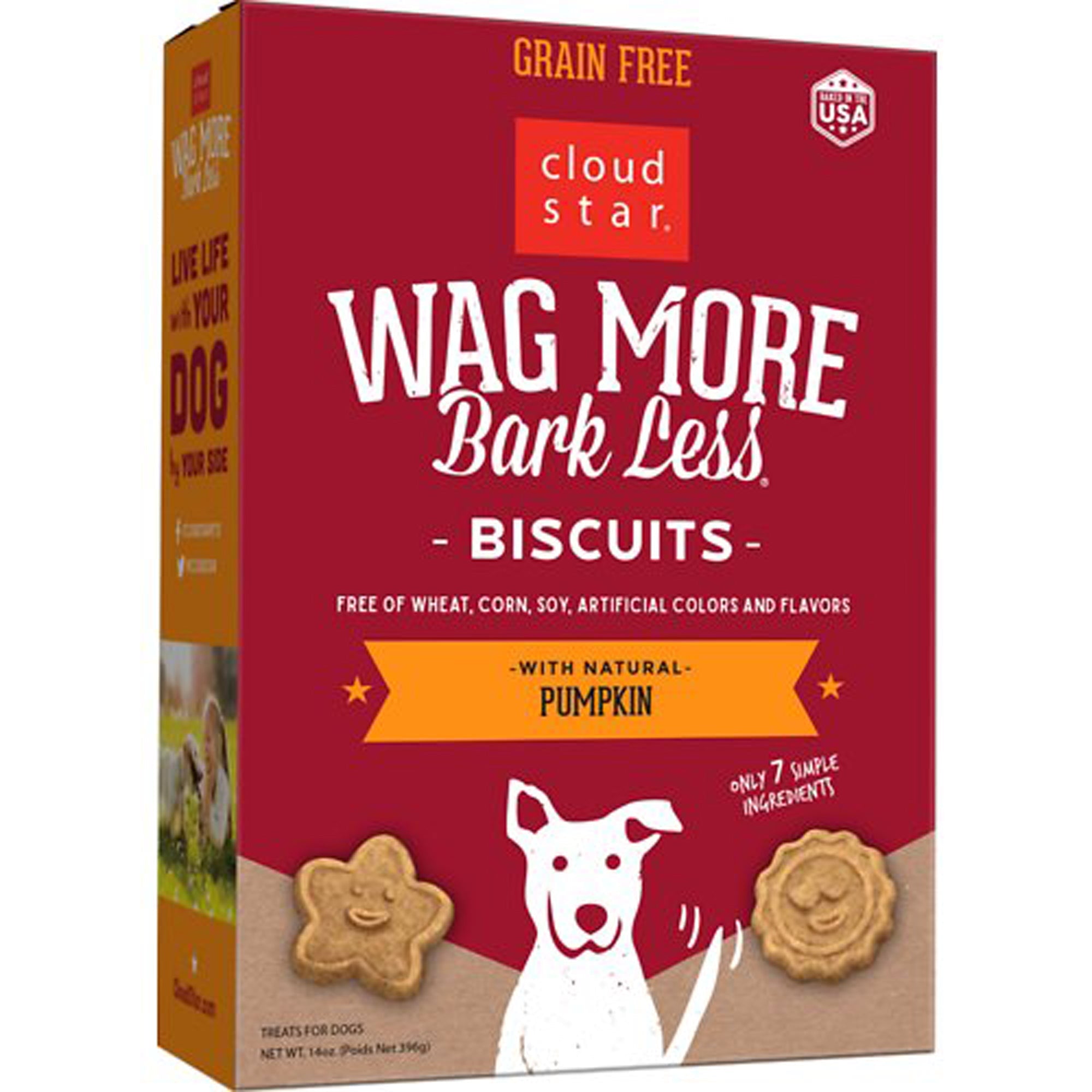 Cloudstar Wag More dog biscuits box, grain-free with pumpkin, Bark Less