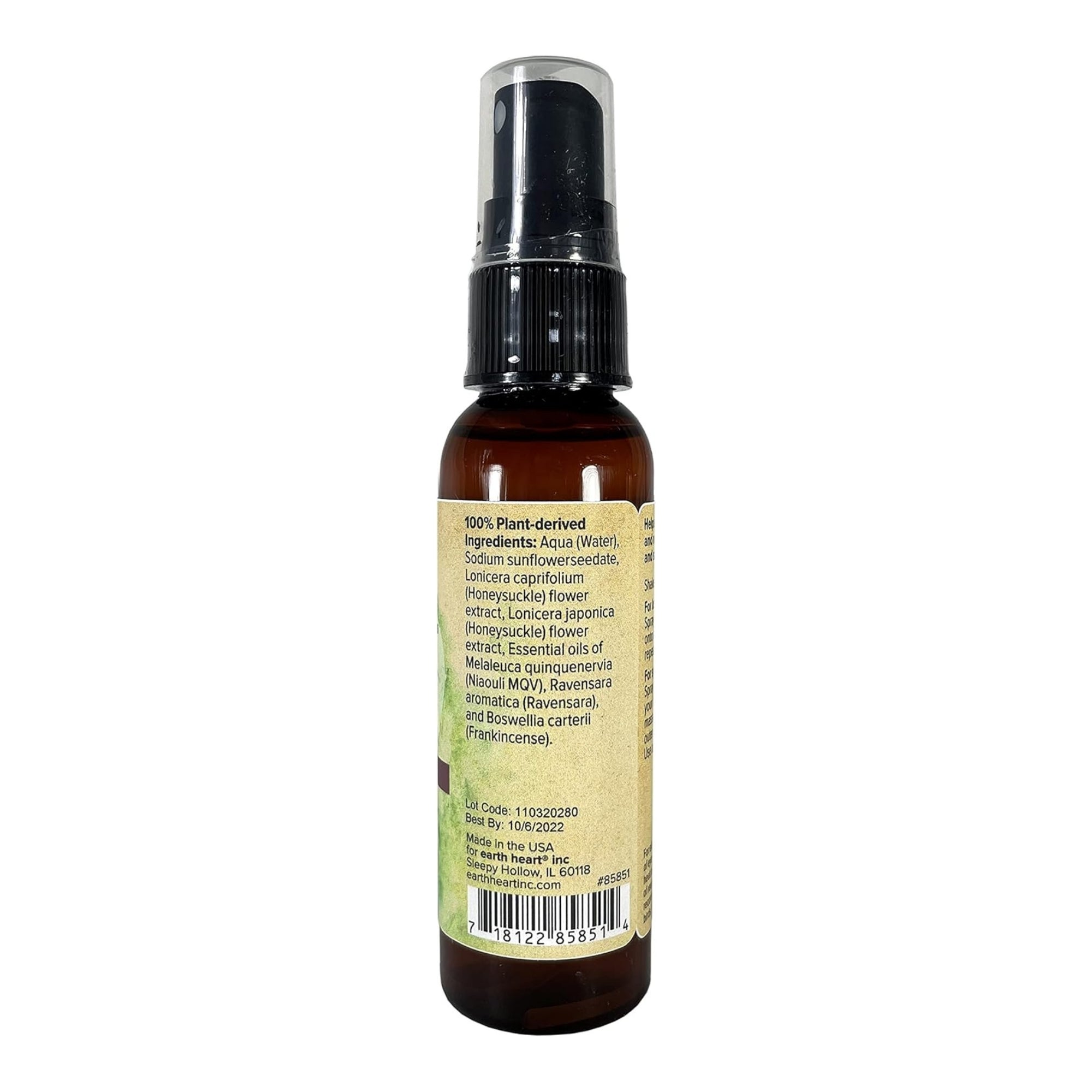 Earth Heart Guard Well aromatherapy spray bottle, back label with ingredient panel