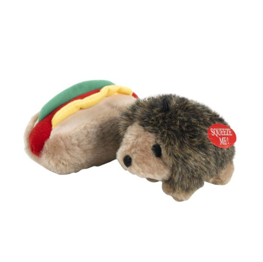 Plush hedgehog-style dog toy with colorful hotdog design and squeaker tag