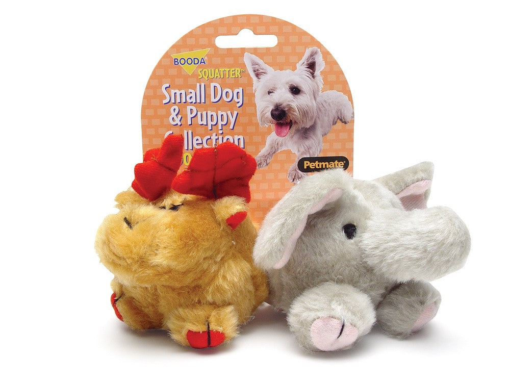 Booda squatter plush pet toys, moose and elephant, multi-color design