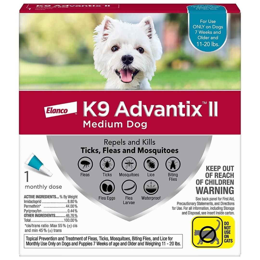 Dog flea, tick & mosquito protection for medium dogs 11–20 lb, monthly dose