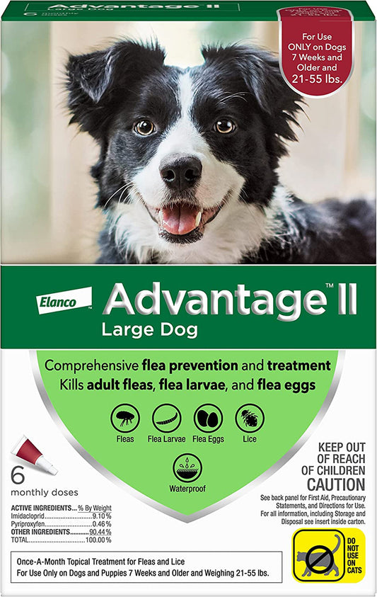 Advantage II large dog flea prevention treatment box, 6-count for 21–55 lb dogs