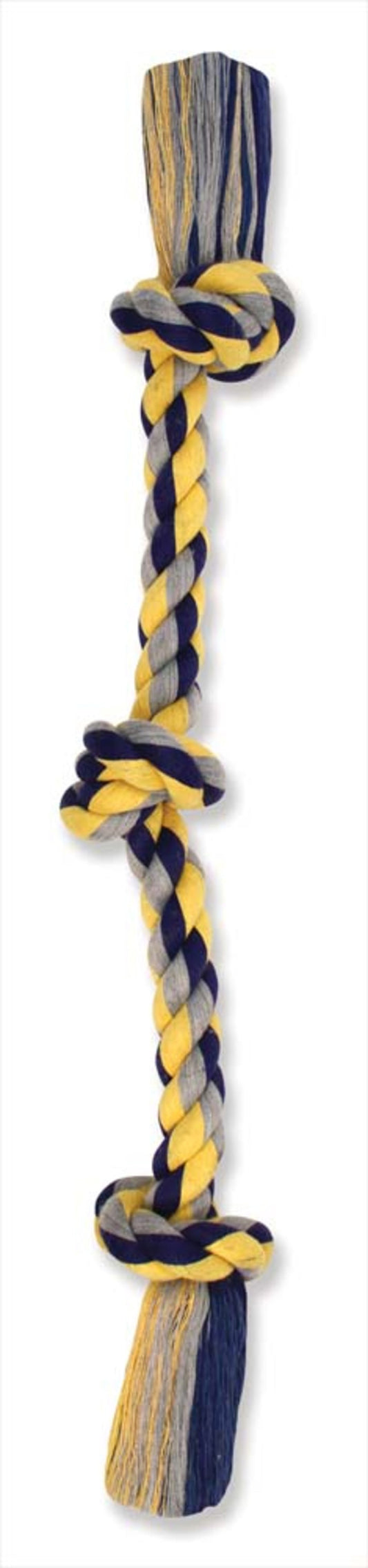 Mammoth cotton-blend knot rope tug with yellow and navy braided rope knots