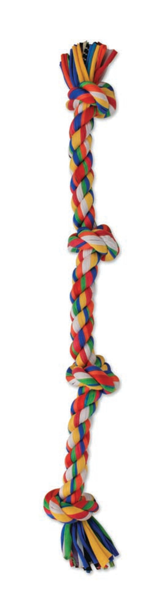 Multicolor cloth rope dog toy with four knot segments and tassels