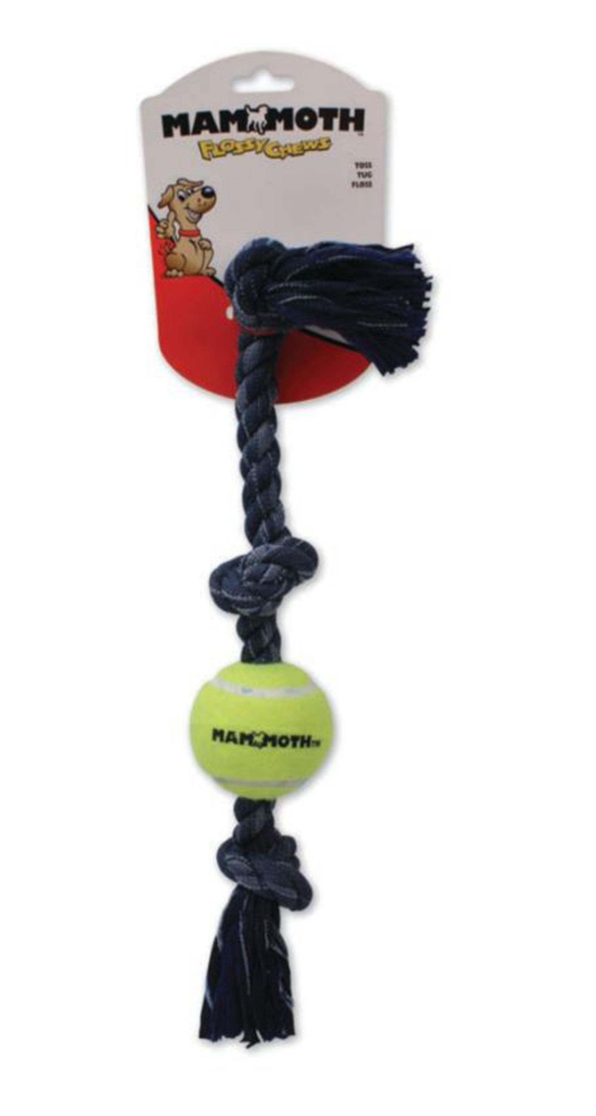 Denim rope tug toy with triple knots and green ball