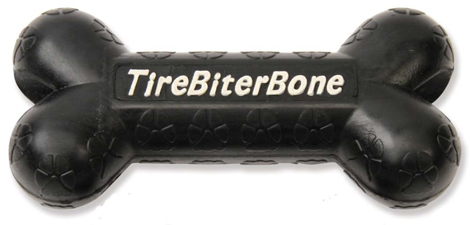 Large black rubber TireBiterBone chew toy bone with treat station
