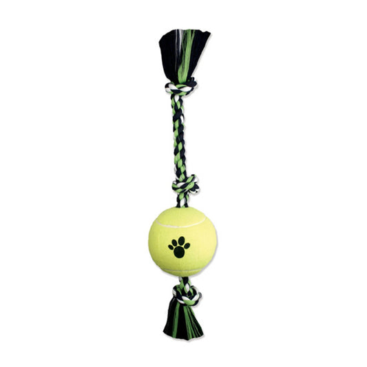 Large knot dog tug toy with lime tennis ball and green-black braided rope