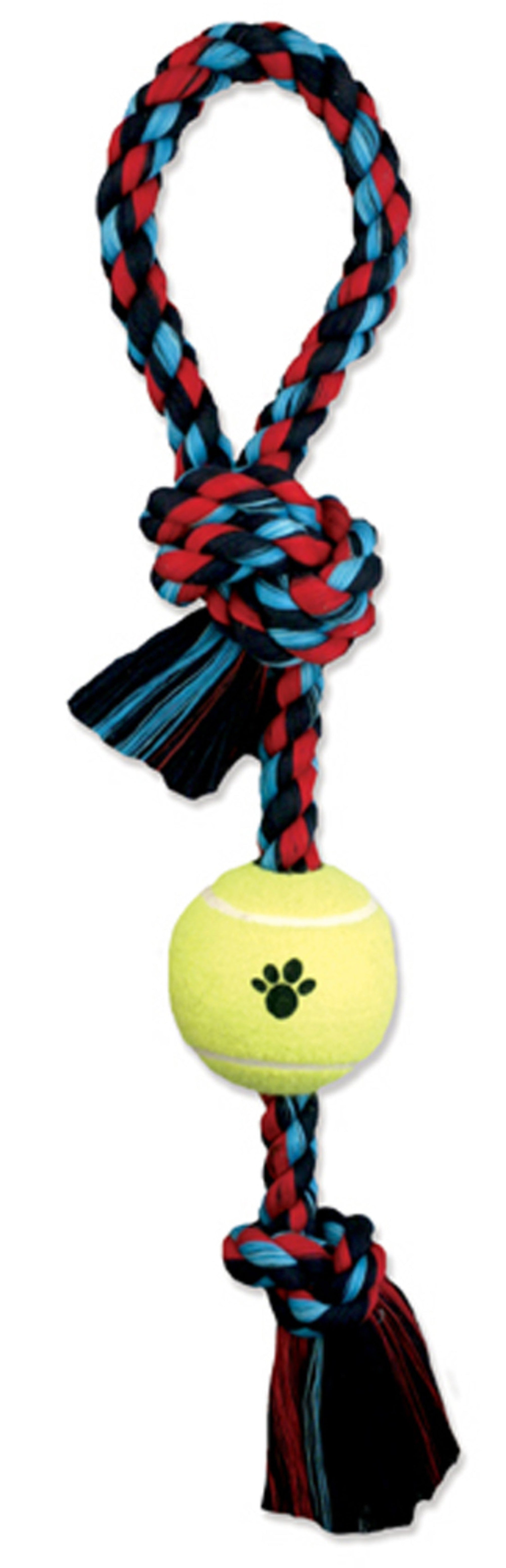 Braided rope pet tug toy with green tennis ball and paw print