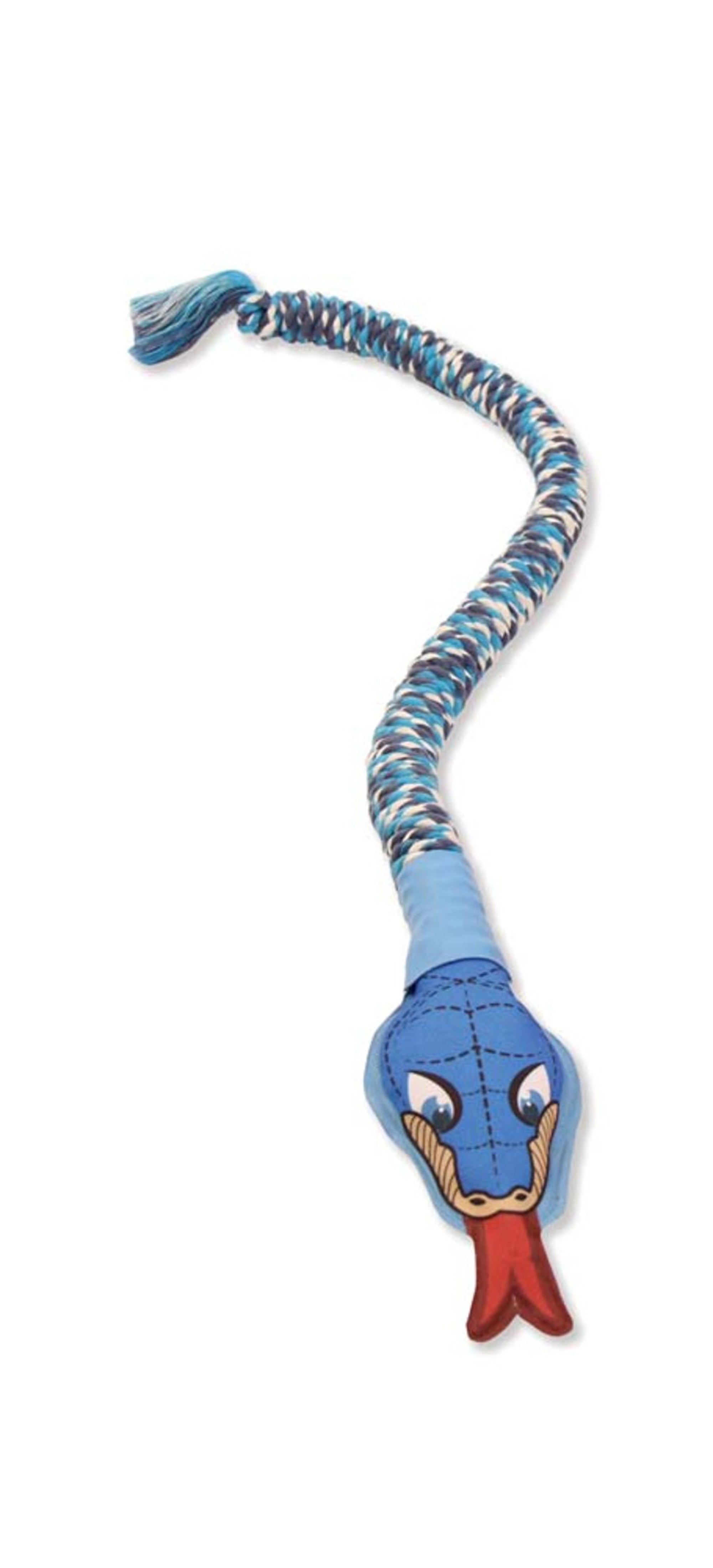 Blue plush snake toy with squeaky head and striped body, red tail