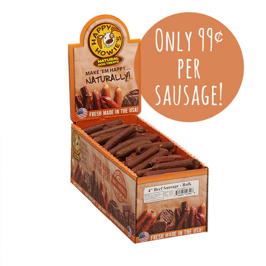 Happy Howie dog beef sausages box display with multiple 4-inch sausages