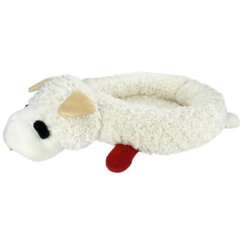 Plush lamb chop bolster dog bed with cream faux-fur, beige ear and red plush tail
