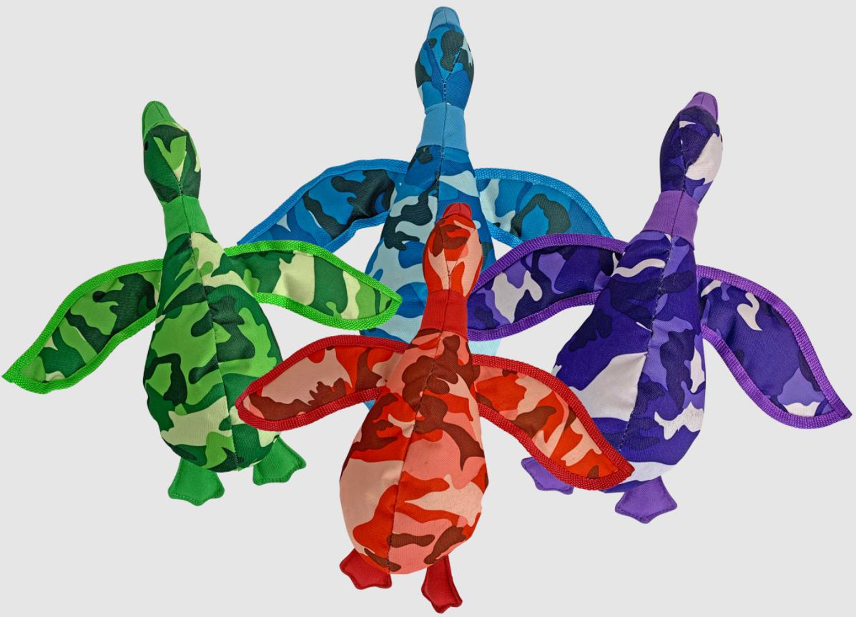 Camouflage duck dog plush toy in green, blue, and purple (assorted)