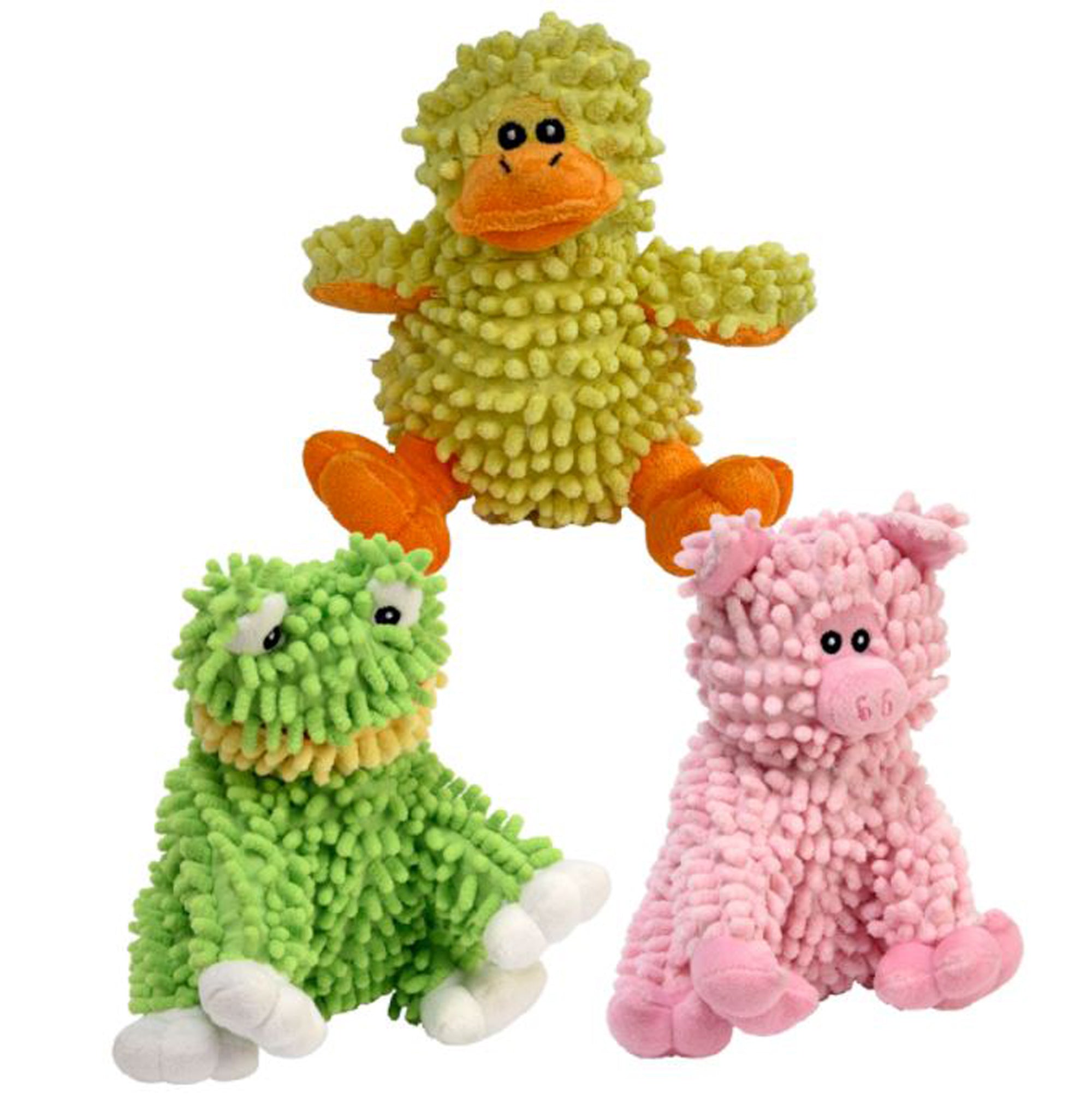Assorted plush floppy moppy dog toys in green, orange, and pink duck shapes
