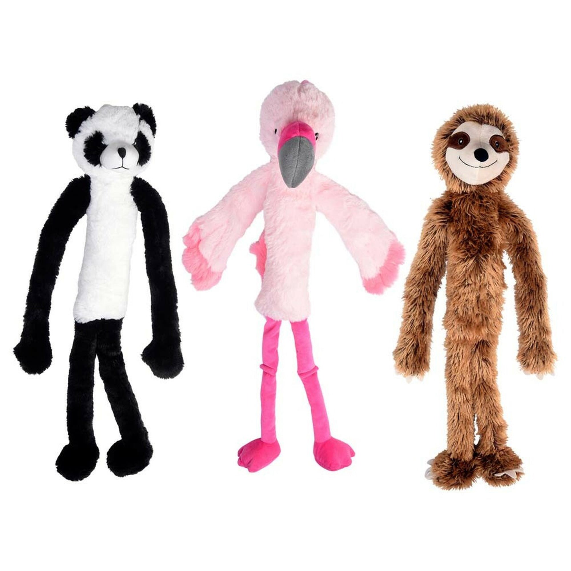Assorted plush dog toys: panda, pink flamingo, and brown sloth-style figure