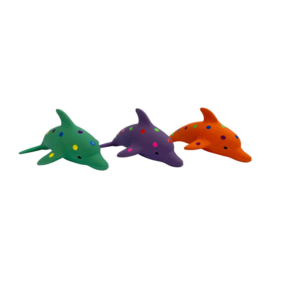 Assorted latex dolphin dog toys, three colors with spots and blue eyes