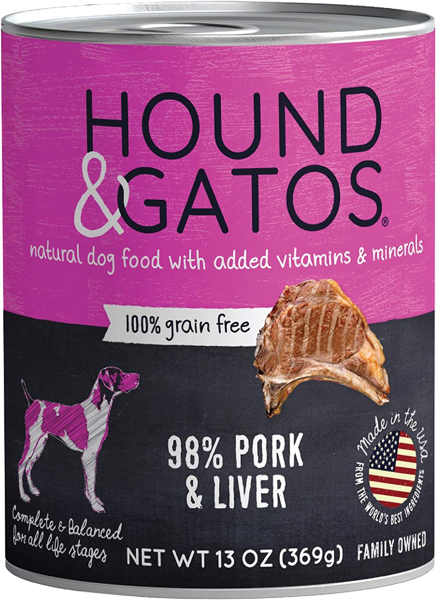 Grain-free dog food can labeled 98% pork and liver, net wt 13 oz (369 g)