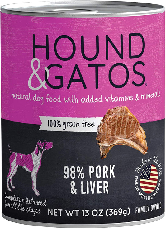 Grain-free dog food can labeled 98% pork and liver, net wt 13 oz (369 g)
