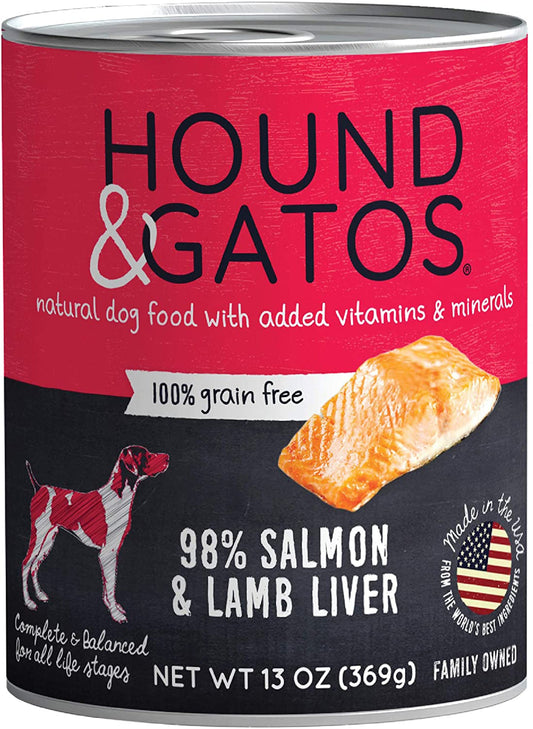 Grain-free dog food can with salmon & lamb liver, net wt 13 oz