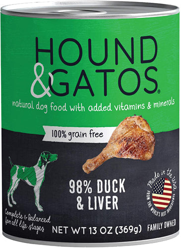 Grain-free dog food can: 98% duck and liver, 13 oz net wt (369 g)