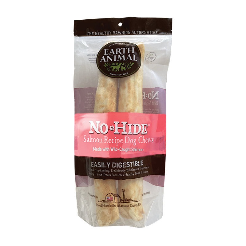 Earth Animal No-Hide Salmon dog chew treats in sealed pouch, 2-pack