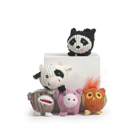 Plush dog toy balls 5-pack with animal faces, shown in a box.