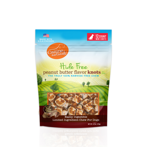 Dog treat package with 12 mini knot chews in peanut butter flavor