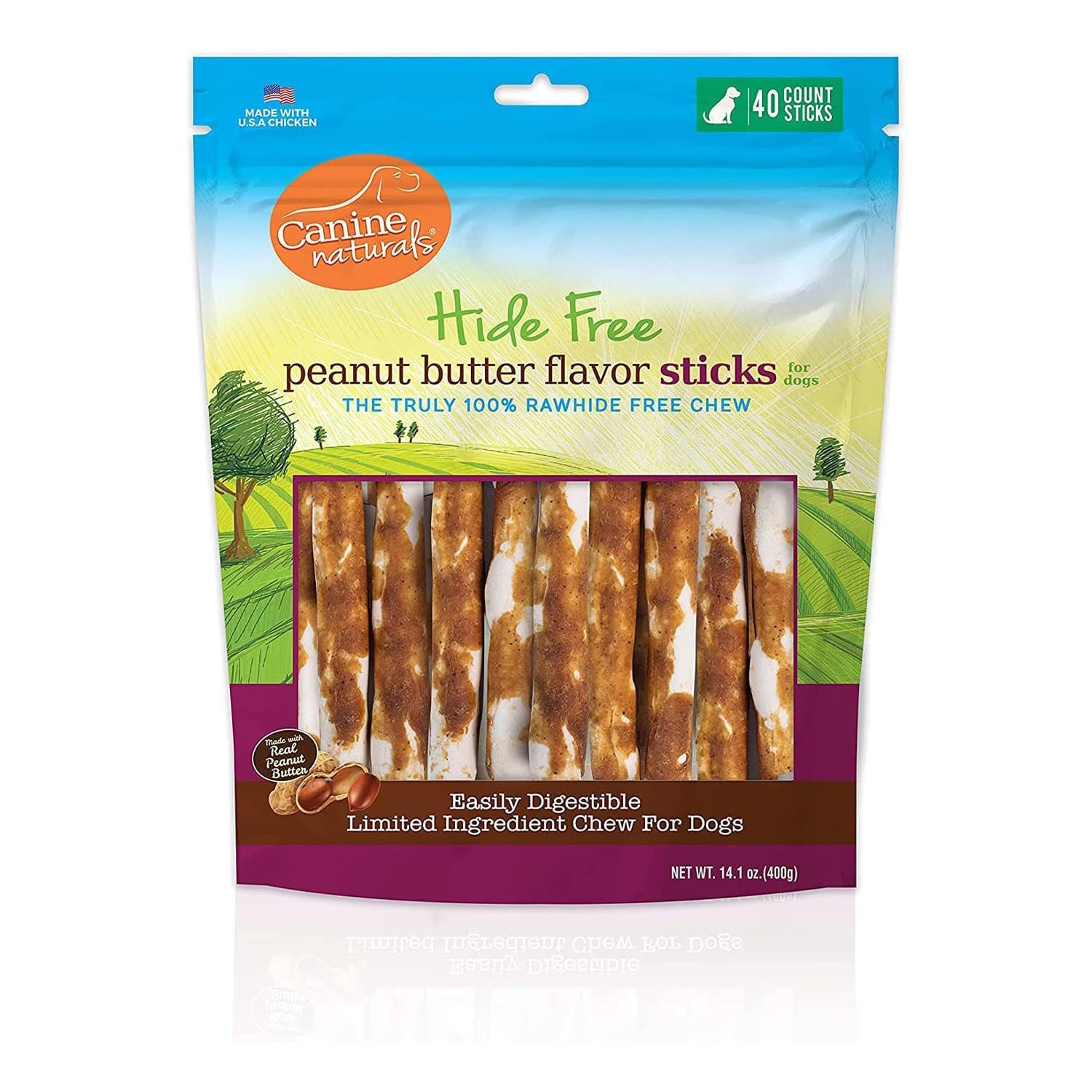 Dog peanut butter flavor hide-free chew sticks, 40-count package, front view