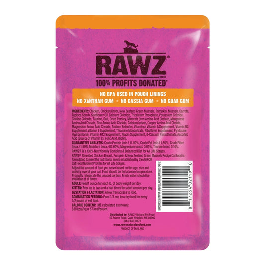 Rawz Shredded Cat Pouch Chicken Breast Pumpkin New Zealand Green Mussels 2.4oz. (Case of 8)