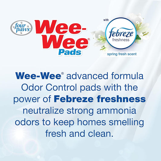 Dog pee pads with Febreze freshness and odor control formula text on package