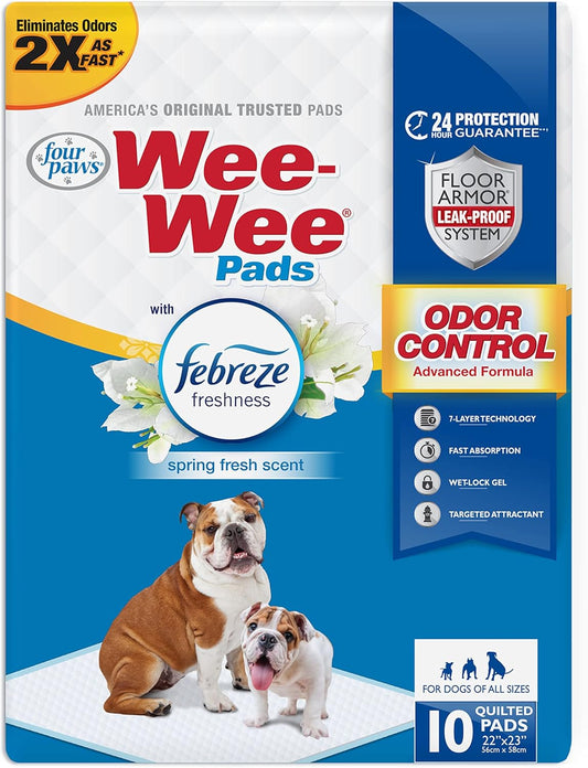 Dog pee pad pack with Wee-Wee branding and Febreze freshness, 10 count