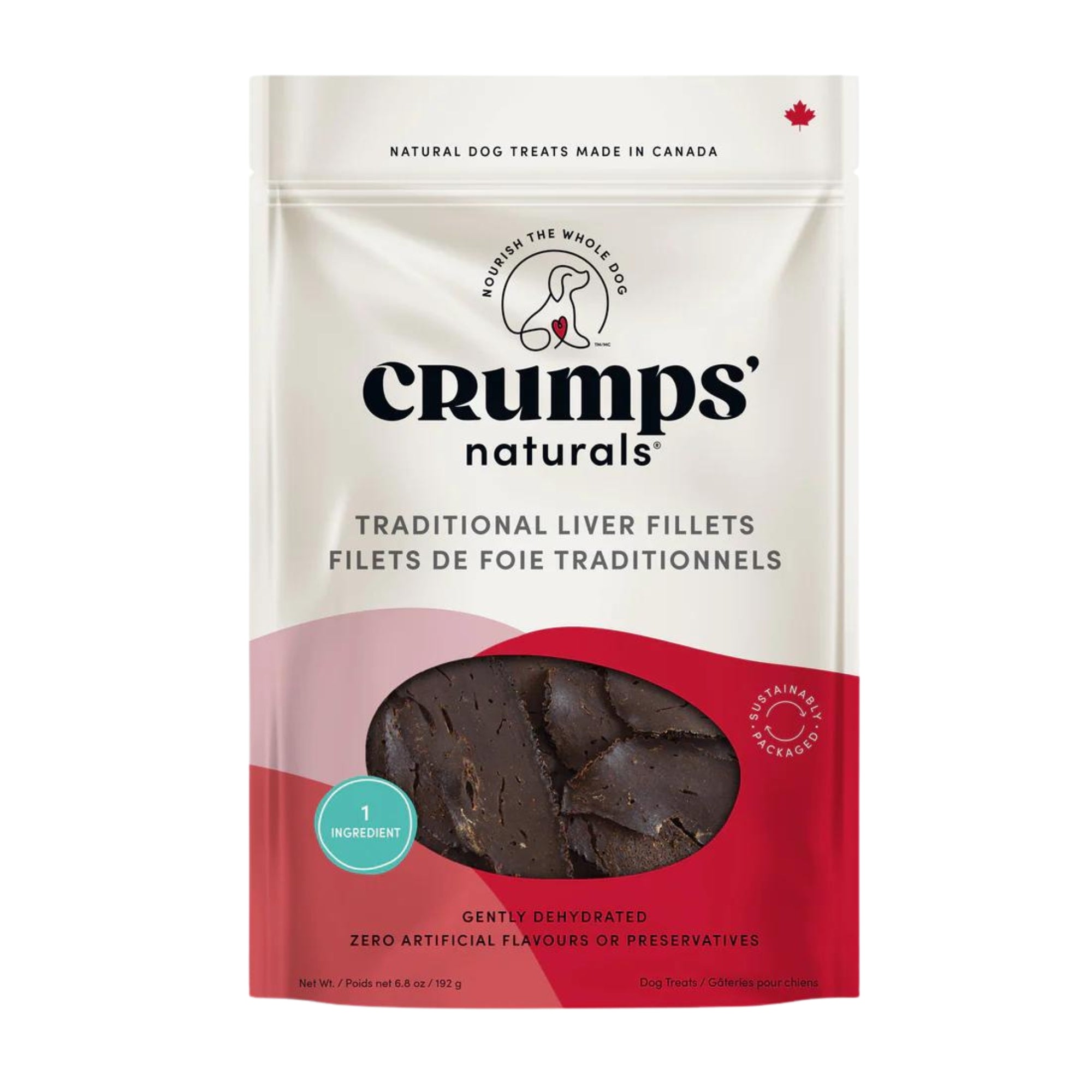 Dog treat pouch of traditional liver fillets with dark brown beef liver slices window