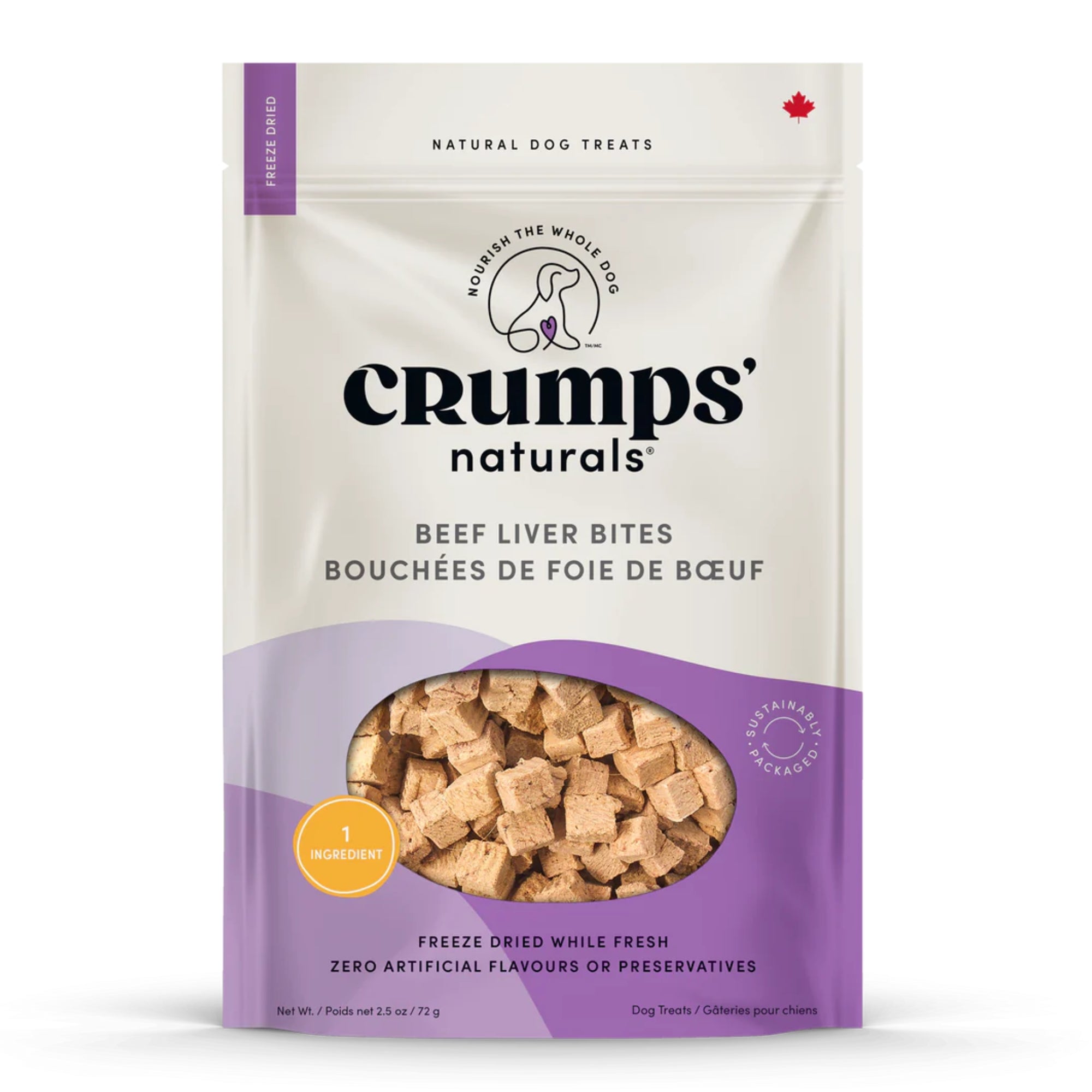 Crumps naturals beef liver bite dog treats pouch with window of freeze-dried cubes