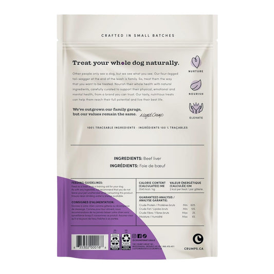 Crumps Naturals beef liver bite dog treats pouch with ingredient and nutrition panel