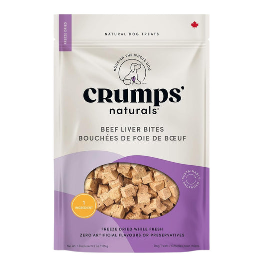 Crumps Naturals beef liver bite dog treats in sealed pouch