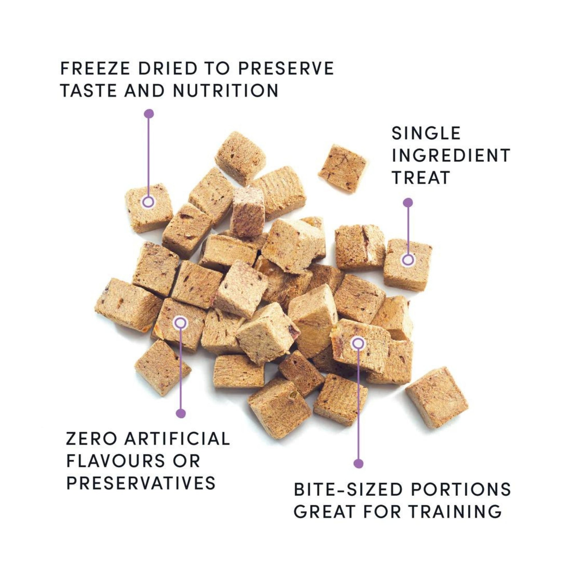 Freeze-dried beef liver bite cubes, single-ingredient treats for training