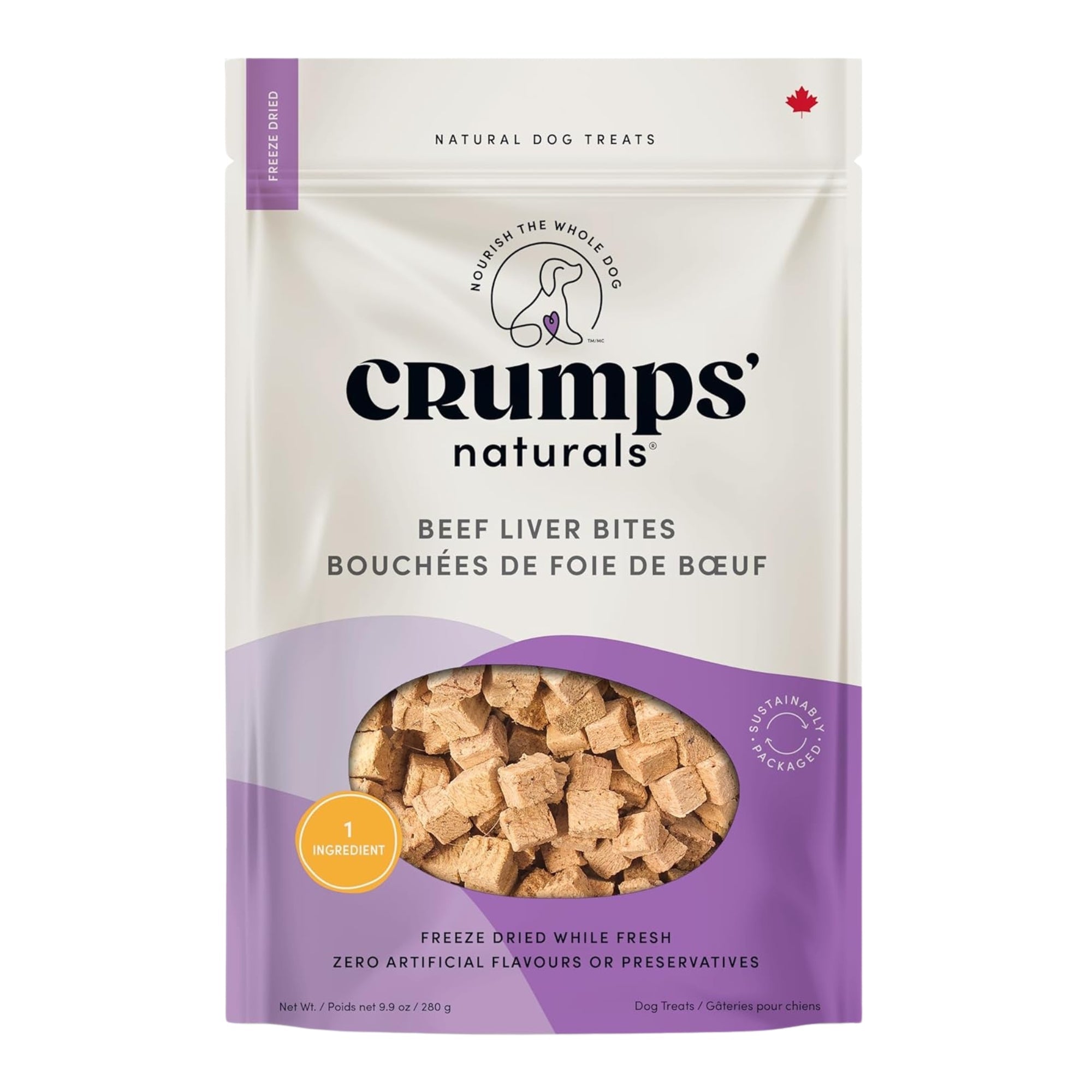 Freeze-dried beef liver bites bag with window of small brown treat cubes