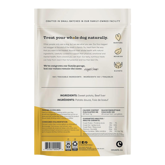 Crumps naturals sweet potato liver chews pouch back with ingredients and nutrition