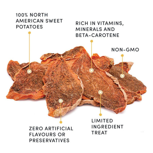 Sweet potato liver chew chips, irregular brown dog treat pieces