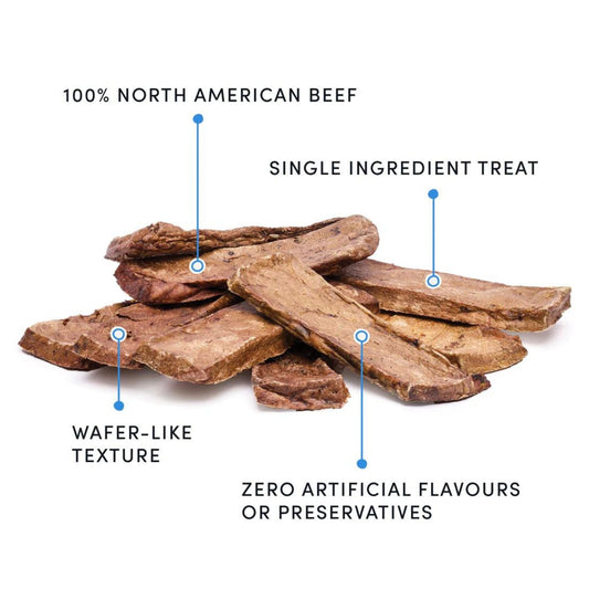 Beef tenderstick dog treats, sliced sticks with wafer-like texture