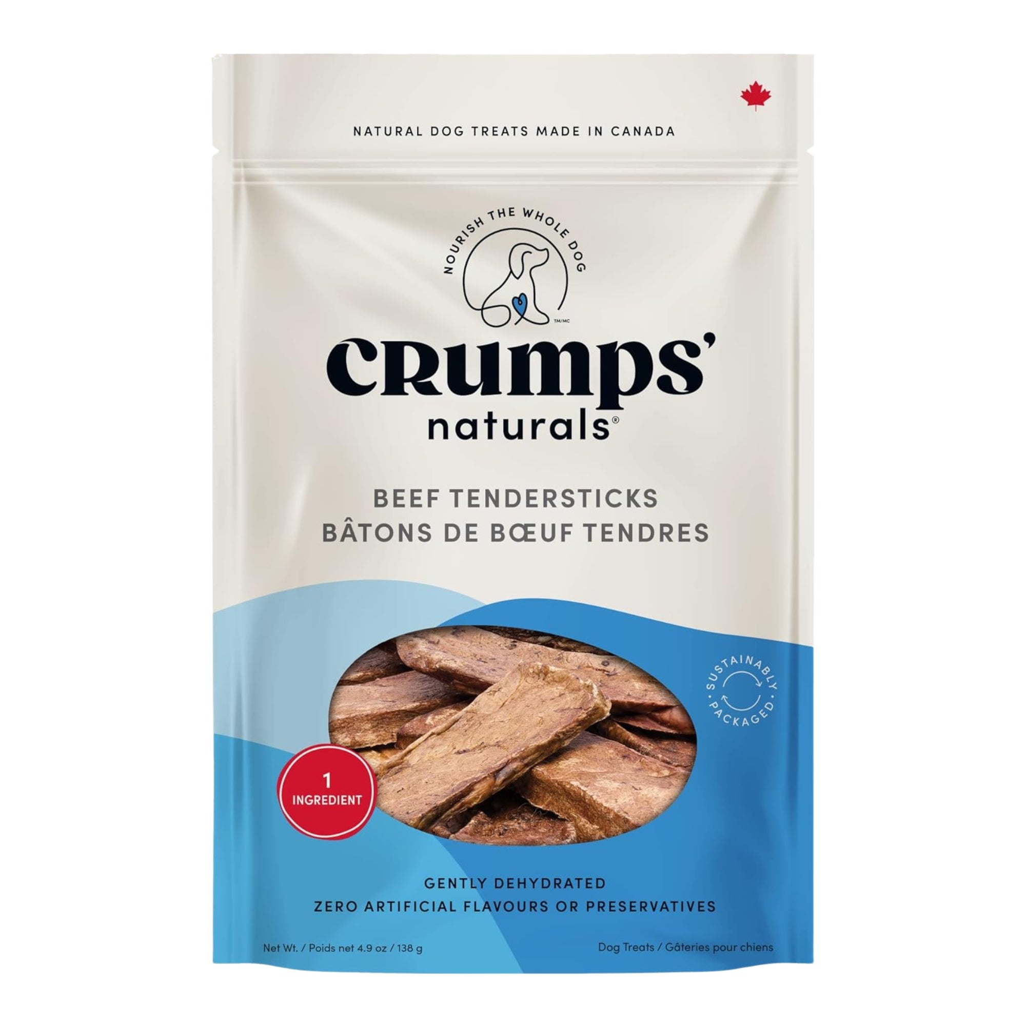Beef tendersticks dog treat pouch with sliced treats shown in front window