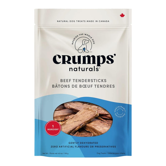 Beef tendersticks dog treat pouch with sliced treats shown in front window