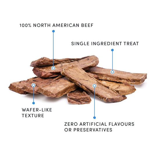 Beef lung tenderstick dog treats, wafer-like dehydrated sticks