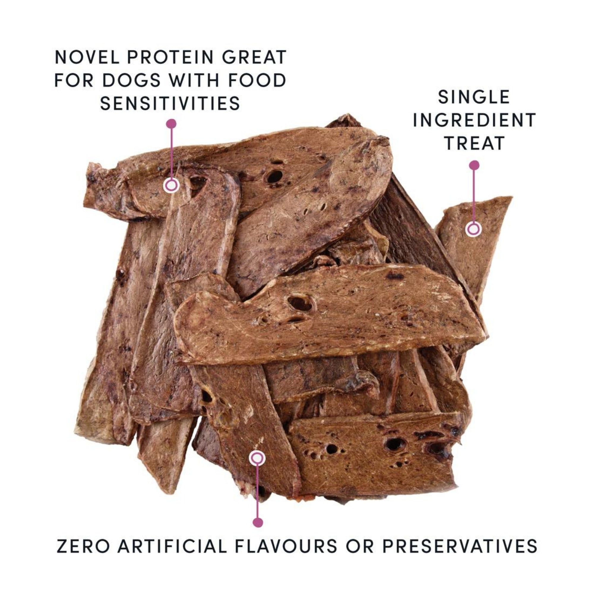 Dehydrated lamb lung dog treats, stacked and cut into irregular pieces