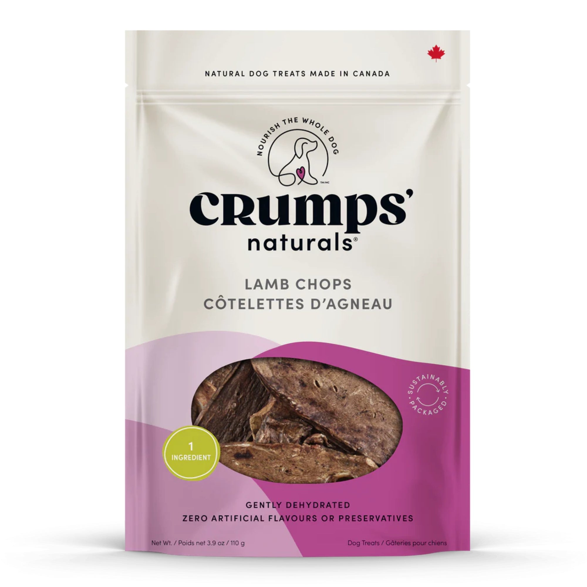 Dog treat pouch showing lamb chops, purple band, and dehydrated meat package