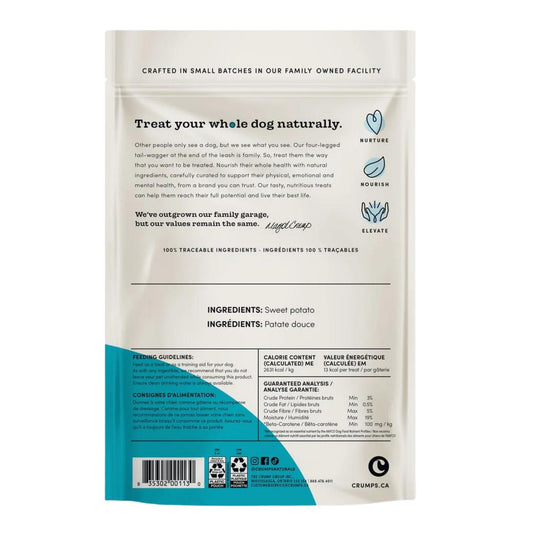 Crumps naturals sweet potato fries dog treat bag back with ingredients and nutrition table