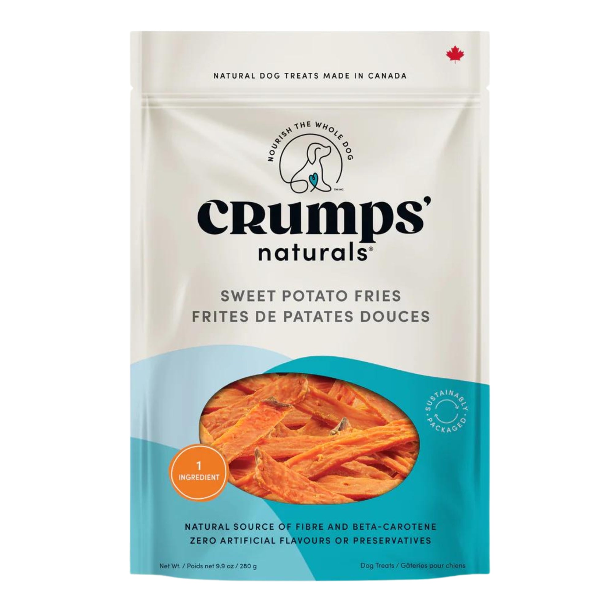 Crumps naturals sweet potato fries dog treat bag with fry photo on front