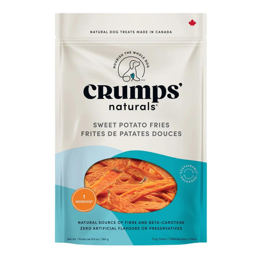 Crumps naturals sweet potato fries dog treat bag with fry photo on front