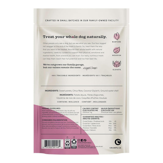 Crump's Naturals plaque busters treat bag back with ingredients and feeding guidelines